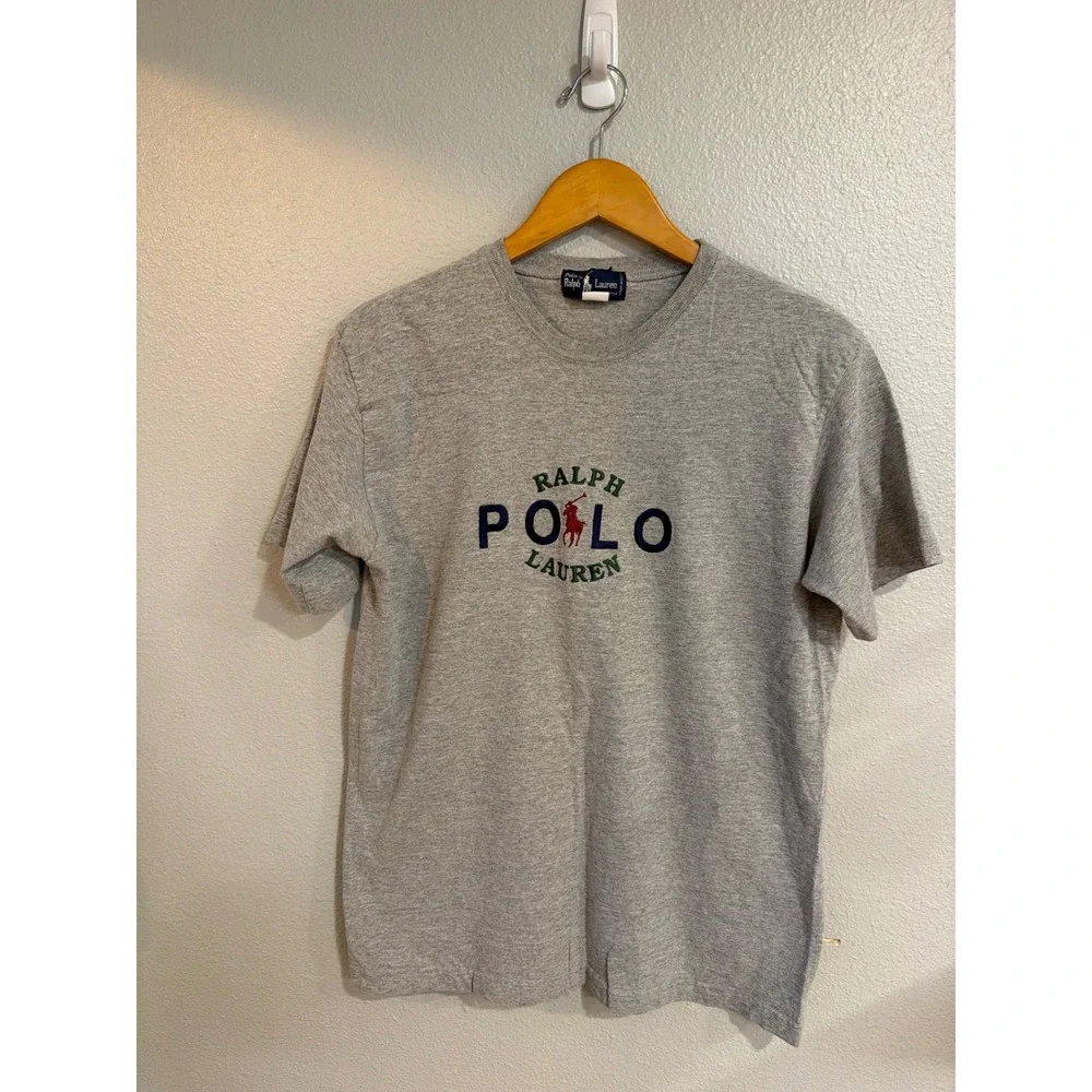 Vintage 90s Polo Ralph Lauren T Shirt Men's XL Gray Spellout Pony USA Made